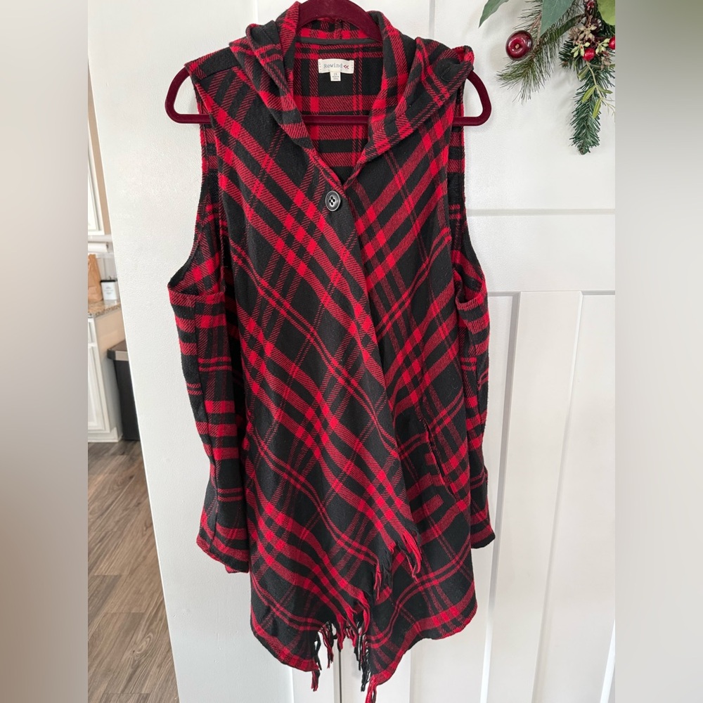 Rewind Red and Black Plaid Hooded Blouse